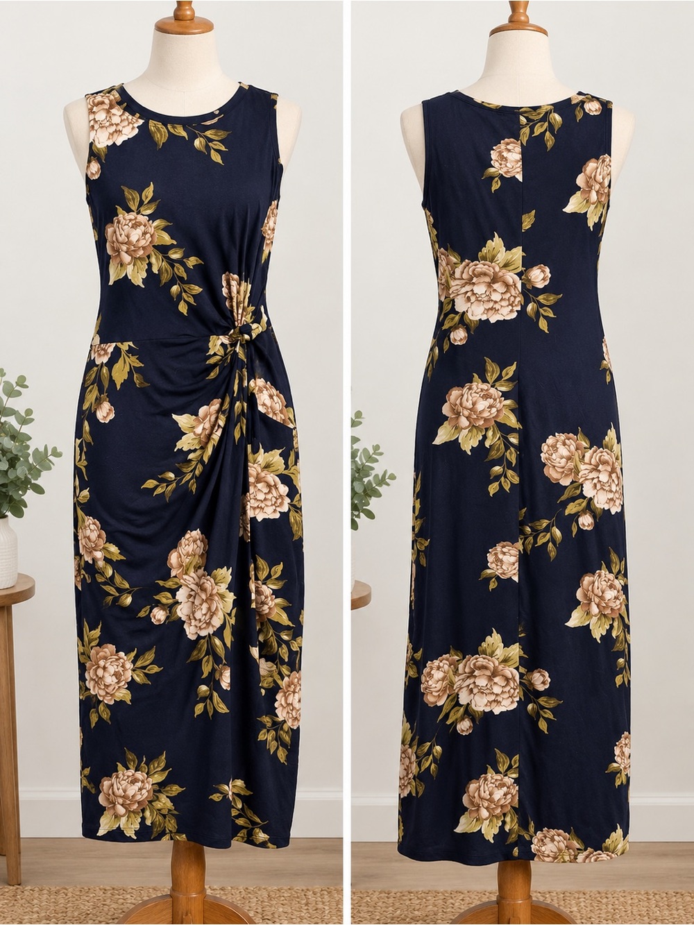 nine britton Navy Floral Midi Dress with Side Knot